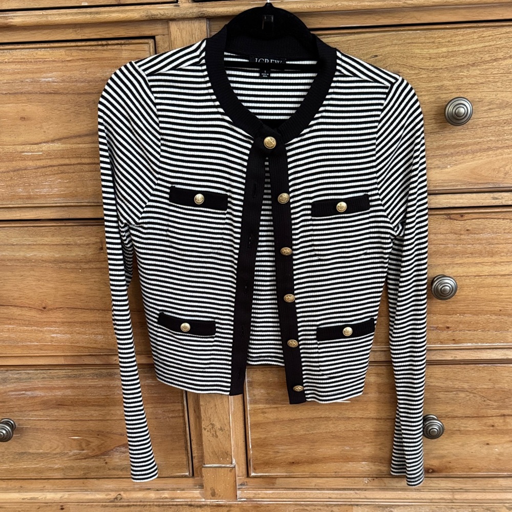 J. Crew Black and White Striped Cardigan with Gold Buttons
